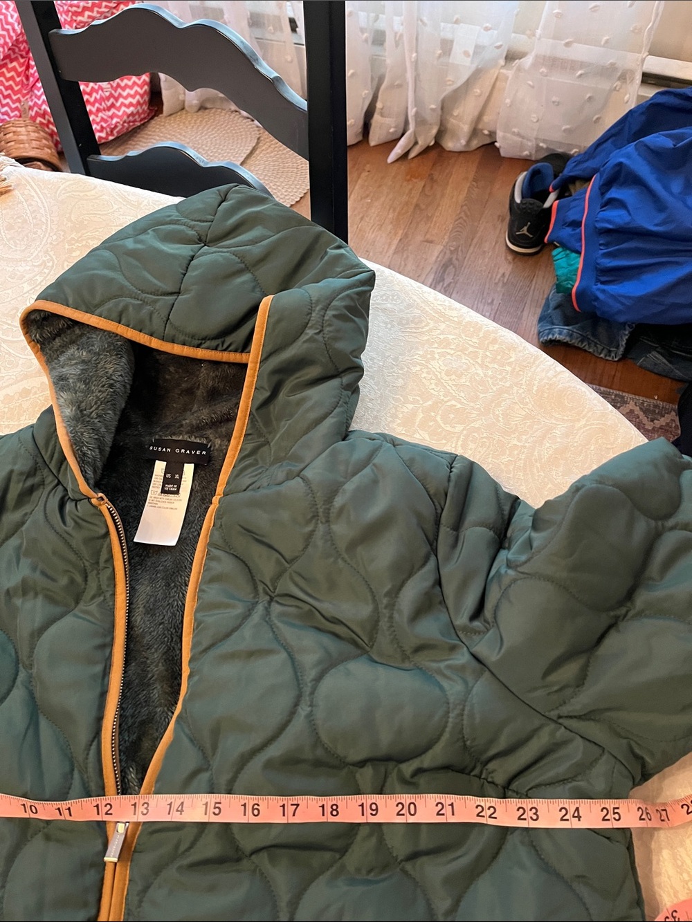 Susan Graver Quilted Hooded Jacket in Green & Orange Size XL - Picture 5 of 6